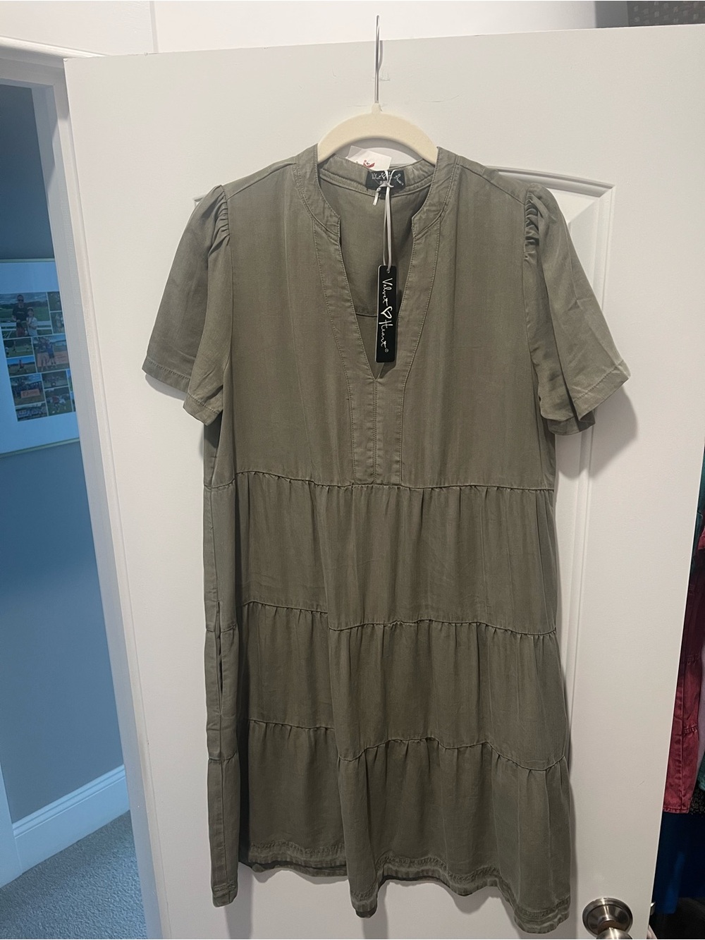 VILA Olive Green Tiered Short-Sleeve Midi Dress